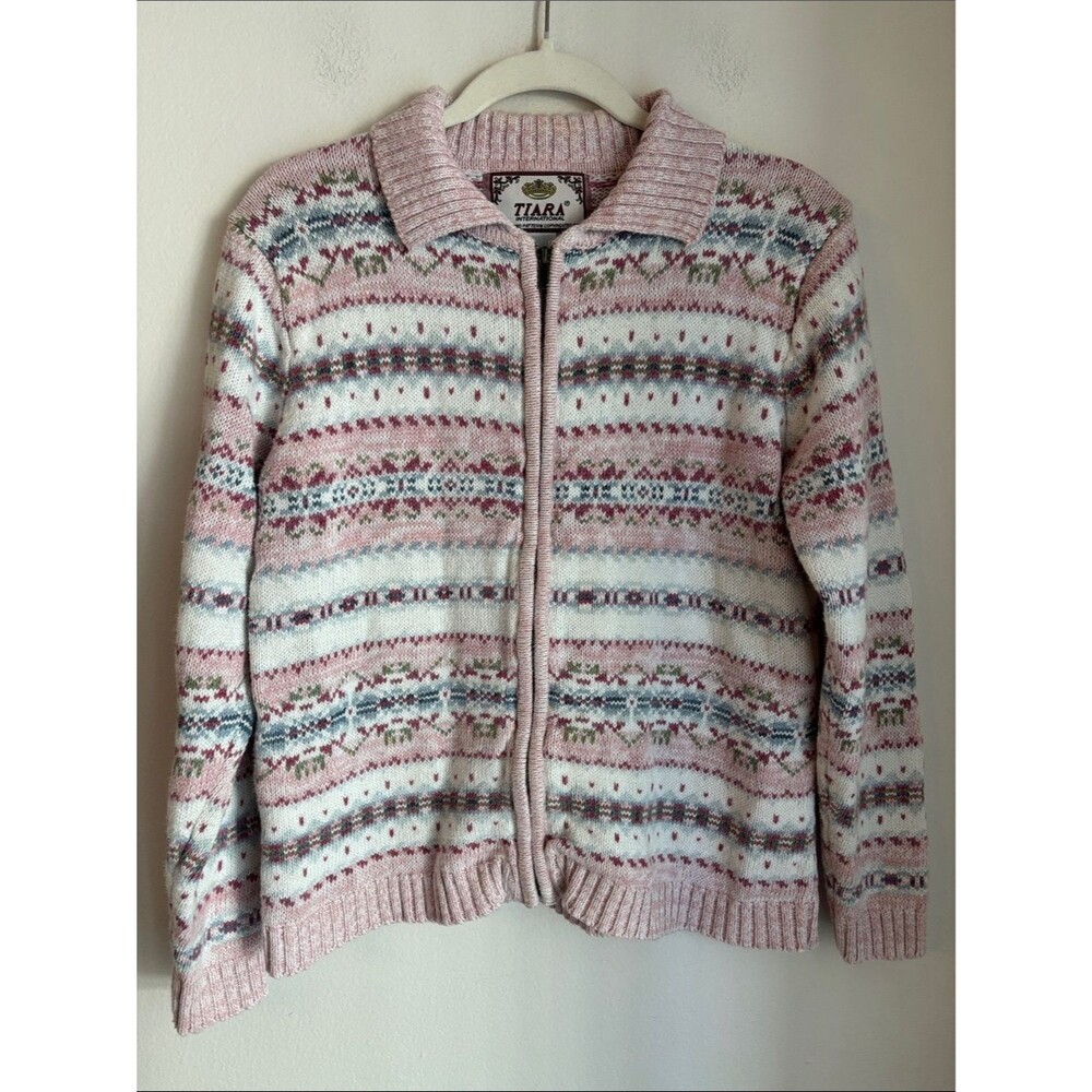 Vintage fair isle Tiara international Pink Zip Cardigan sweater women’s med GUC